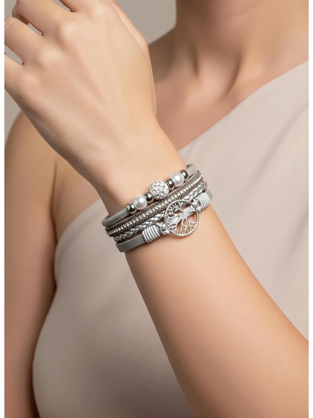 Leather Wrap Bracelet for Women, Boho Handmade Multi-Layer Cuff with Crystal Bea - Picture 5 of 7